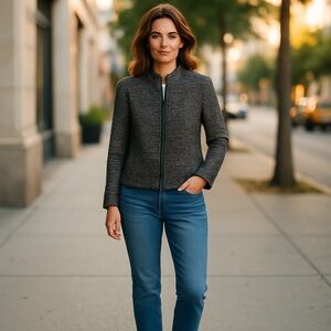 Eileen Fisher Tweed Jacket Black Leather Trim Classic Blazer Women Small